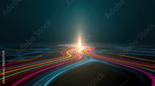 Colorful abstract road, intertwining lines, glowing light, futuristic, digital, dark background