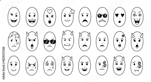 Collection of hand drawn cartoon faces with various expressions and emotions
