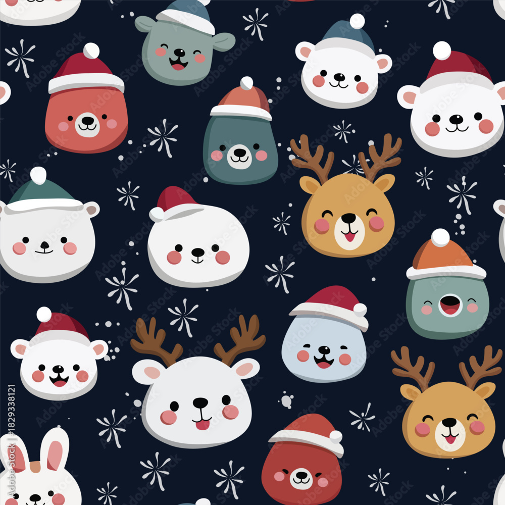 Fototapeta premium Christmas seamless pattern with animals snowman 