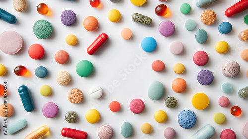 Colorful pills supplement tablet capsule vitamin round assorted white background