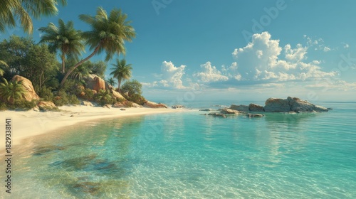 Bright sunlight shines on a tropical beach with clear turquoise waters and golden sand. Lush palm trees sway gently as waves lap the shore creating a serene atmosphere.