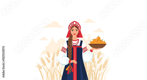 Beautiful woman holding harvest in traditional Russian dress with wheat field in background ready for folk tales and cultural celebrations