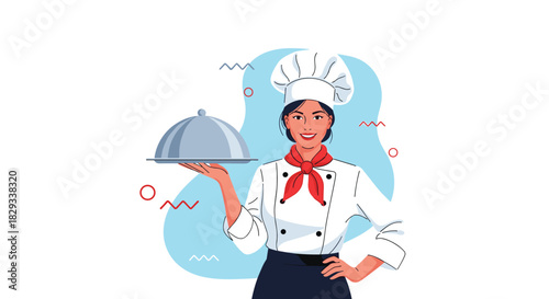 Talented female chef presents gourmet dish with pride, perfect for restaurants, culinary schools, and food industry marketing materials needing a modern touch.