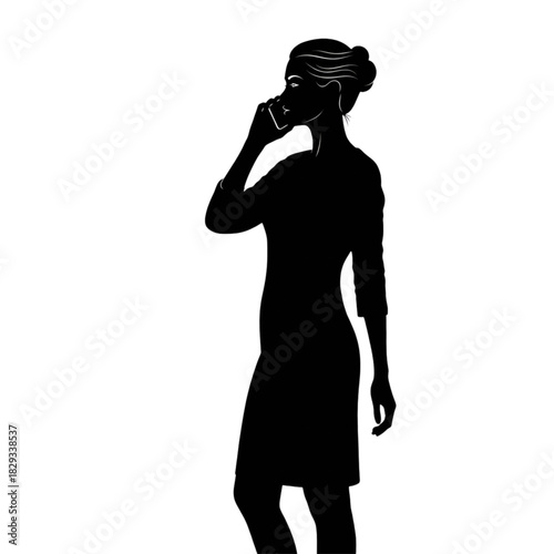 Black silhouette of a woman on the phone in a relaxed standing pose, minimal modern lifestyle, transparent background.svg