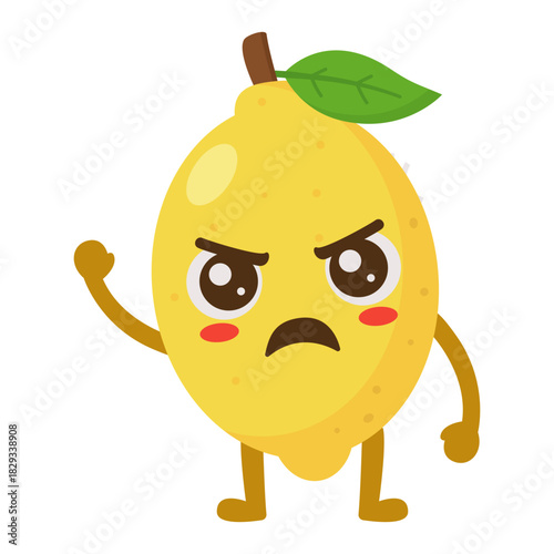 Angry Lemon Cartoon Character Raising Arm in Protest Flat Illustration