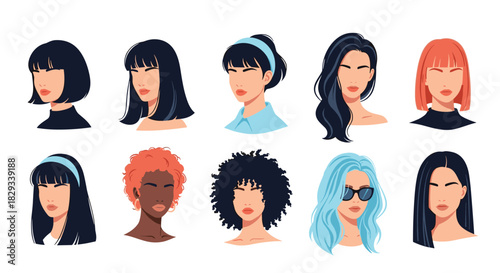 Diverse women with modern haircuts, styles, and colors for beauty and fashion brands, showcasing trends and individuality in a vibrant collection.