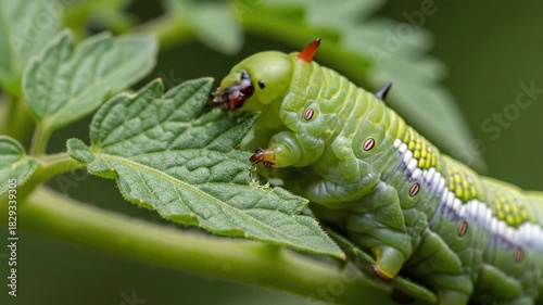 Vivid green tobacco hornworm caterpillar devouring fresh tomato plant leaves in a garden macro perspective