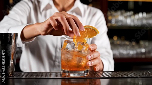 Bartender Garnishing Orange Cocktail with Citrus Slice in a Dimly Lit Bar