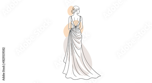 Elegant minimalist illustration of a bride in a flowing gown, perfect for wedding invitations, fashion blogs, and sophisticated designs