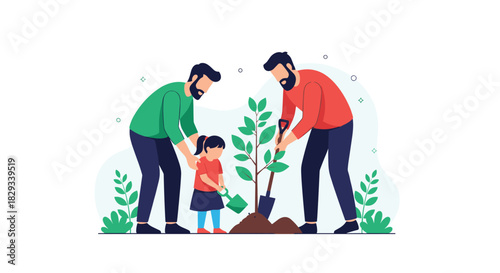 Family bonding by planting a tree together, fostering growth and environmental responsibility, a vibrant illustration of love and sustainability