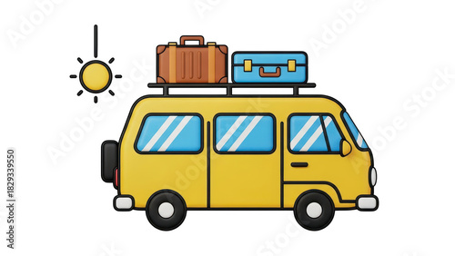 Cute yellow minivan packed with luggage on roof rack ready for a sunny road trip vacation journey, isolated on transparent background