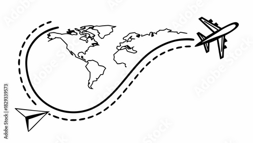 Inspiring global travel concept with airplane soaring above the world map and paper plane, perfect for adventure blogs and tourism marketing materials