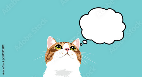 Adorable kitty cat dreaming up fun ideas in a thought bubble against vibrant blue background, perfect for pet lovers and creative projects