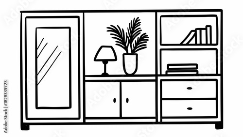 Stylish shelving unit with mirror, drawers, and plant adds personality to living room, perfect for organizing books, decor, and creating a cozy space