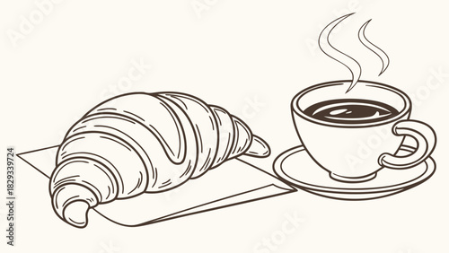 Enjoy a delightful morning with a steaming cup of coffee and a flaky croissant, perfect for breakfast or a cozy break anytime in a charming cafe setting