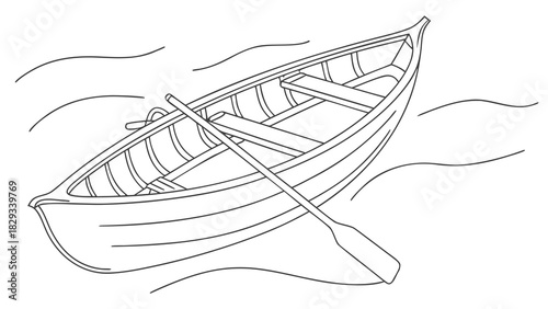 Simple rowboat line drawing on water, perfect for summer designs, adventure themes, or nautical illustrations, evoking peaceful trips and lake excursions