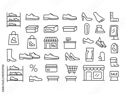 Shoe Shop, Footwear Retail, and Sale Line Icons Set - Boutique, Shopping, and Fashion Accessories Vector