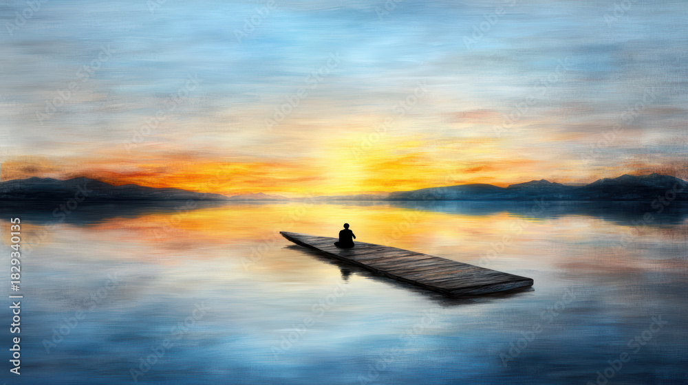 Fototapeta premium Silhouette on wooden dock sunset calm lake reflection peaceful solitude