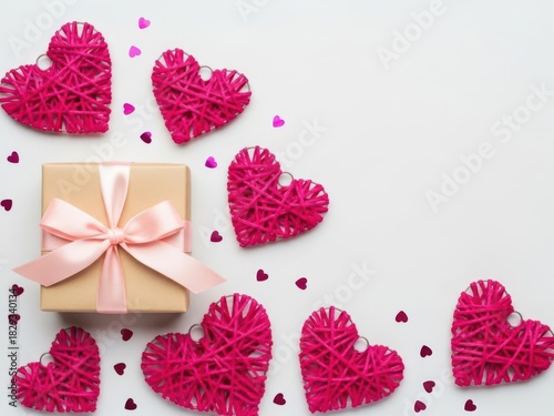 Festive gift box with pink ribbon and woven hearts on clean white.