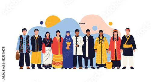 Diverse group celebrating cultural heritage with traditional clothing, embodying unity and global connection, perfect for international campaigns and diversity themes