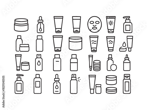 Skincare, Cosmetic Products, and Beauty Routine Line Icons Set - Cream, Serum, Lotion, and Packaging Vector