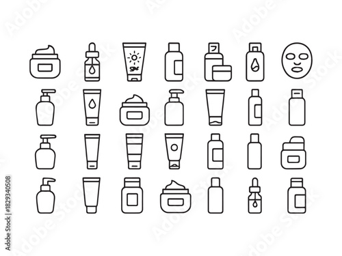 Skincare, Cosmetic Products, and Beauty Routine Line Icons Set - Cream, Serum, Lotion, and Packaging Vector