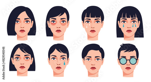 Diverse faces express sadness, stress, and fatigue, illustrating mental health, health issues, and the need for self-care and emotional support