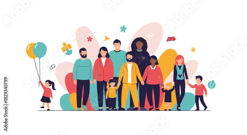 Diverse family gathering celebrating love and unity with children and balloons, perfect for inclusive family values and community outreach campaigns