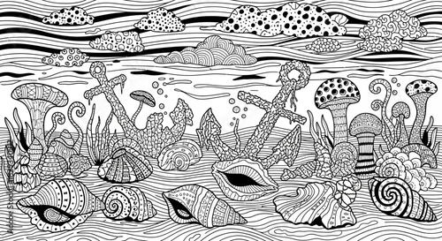 Underwater Scene with Anchors, Shells, and Mushrooms in a Stylized Ocean Background
