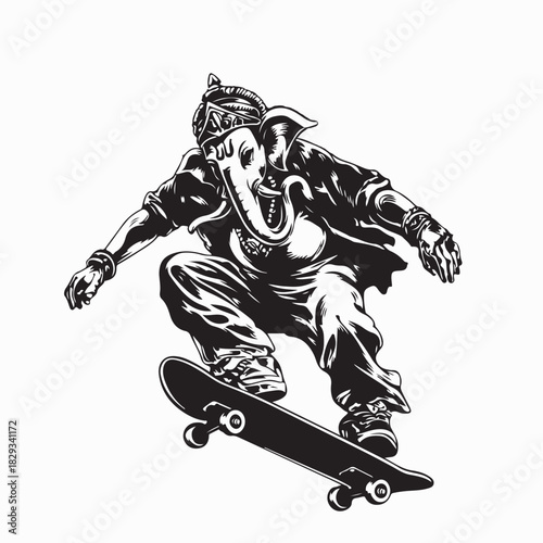 Cool Lord Ganesha riding skateboard vector illustration for artwork