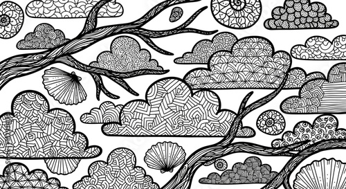 Intricate black and white illustration of stylized clouds and branches in a whimsical design