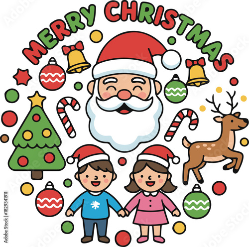 Cute vector cartoon illustration arranged in a circular wreath shape featuring Santa Claus, happy children, a reindeer, and a Christmas tree under colorful "Merry Christmas" text.
