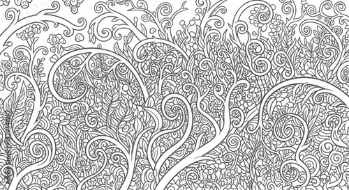 Intricate black and white floral pattern with swirling vines and leaves, ideal for design projects