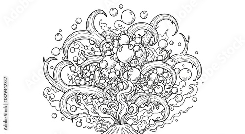 Abstract illustration of a volcanic eruption with swirling smoke and bubbles in a whimsical style