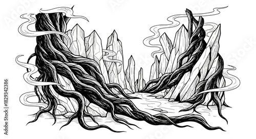 Intricate illustration of twisted vines amidst crystalline formations in a mystical landscape