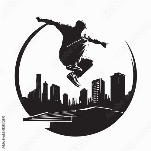 Parkour Runner Logo with City Skyline Background Vector Illustration