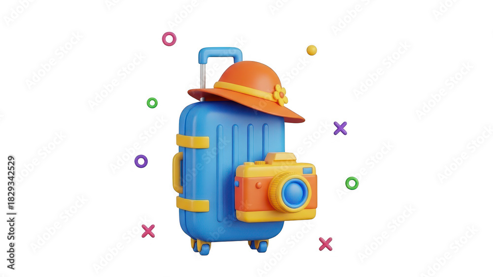 Fototapeta premium Cute 3d illustration of a blue travel suitcase with an orange sun hat and a yellow camera, isolated on transparent background