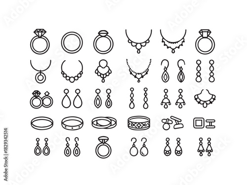 Jewelry, Luxury Accessories, and Diamond Ornaments Line Icons Set - Ring, Necklace, Earrings, and Cufflinks Vector