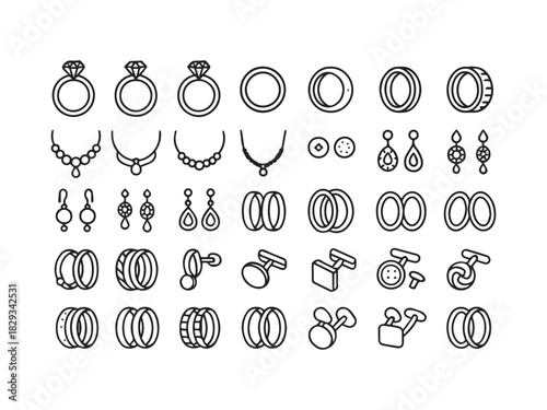 Jewelry, Wedding Rings, and Luxury Accessories Line Icons Set - Diamond Ring, Necklace, Earrings, and Cufflinks Vector