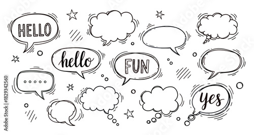 Hand drawn speech bubbles with words hello fun and yes