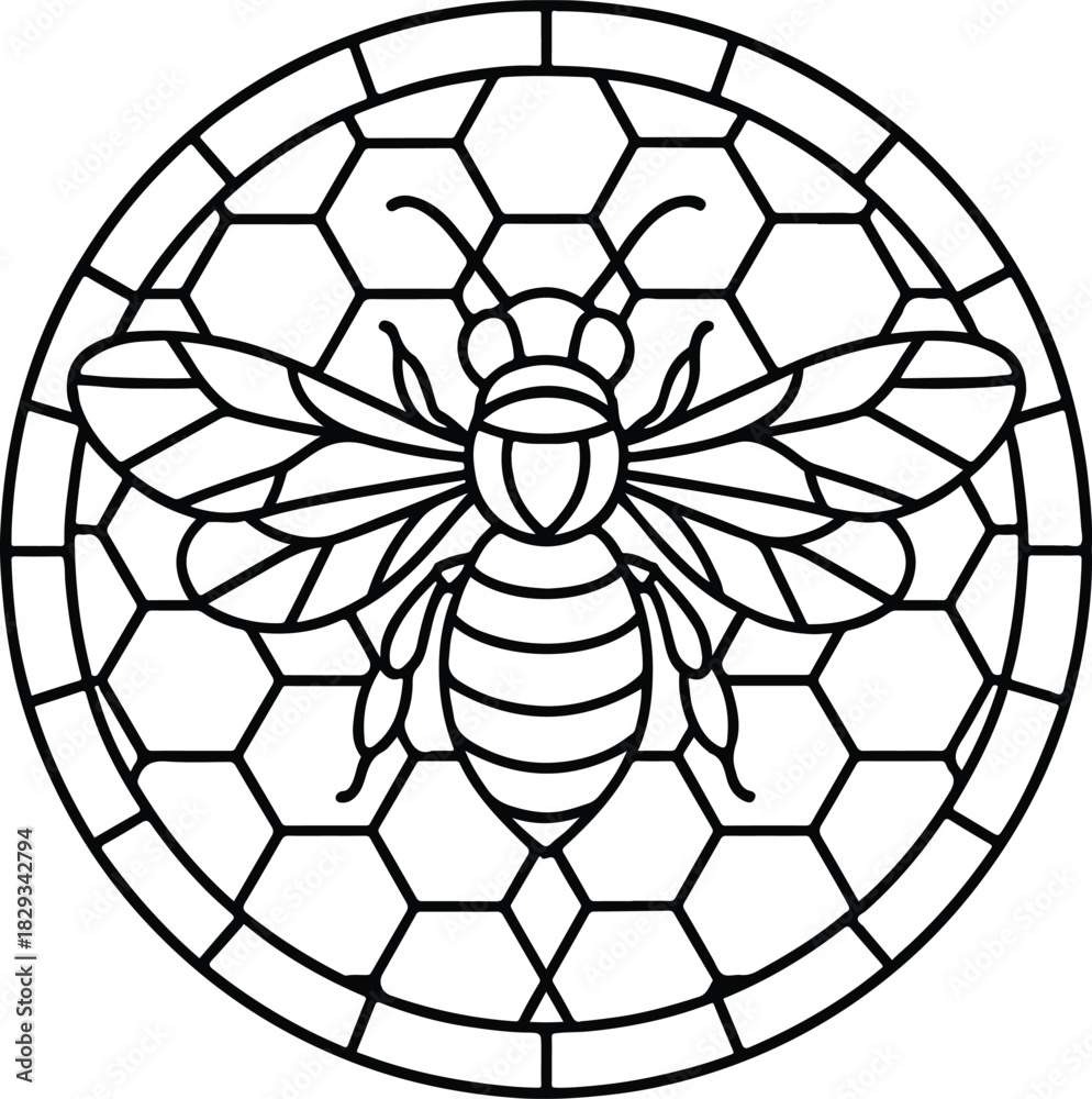 Obraz premium Bee and Honeycomb Mandala Mosaic illustration, Round Stained Glass Design, Flower Mandala Mosaic Art, Mexican Tile Clipart, Floral Mosaic Pattern