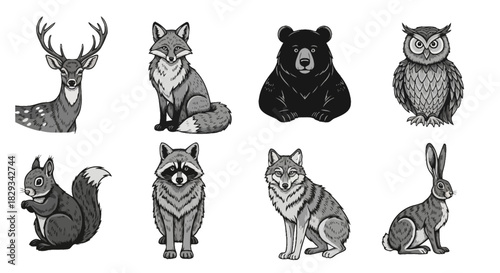 Charming grayscale illustration featuring a delightful collection of woodland animals