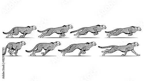 Graphic illustration showing a cheetah in motion at different stages isolated over white