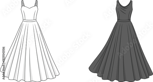 Elegant vintage-inspired sleeveless dresses, classic full-circle silhouettes showcasing stylish fashion design, garment illustration, formal wear, feminine apparel artwork