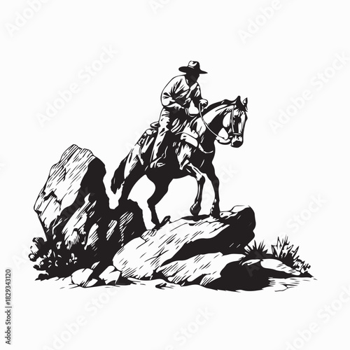 Western Cowboy Riding Horse on Rocky Trail Image Vector