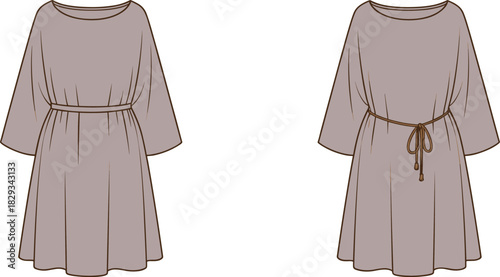 Brown loose sleeve women’s dress with waist tie belt, elegant tunic fashion flat sketch design template, vector illustration