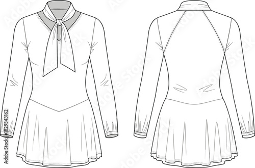 Long sleeve bow neck dress illustration with sheer yoke, front and back fashion template, detailed garment sketch for apparel design