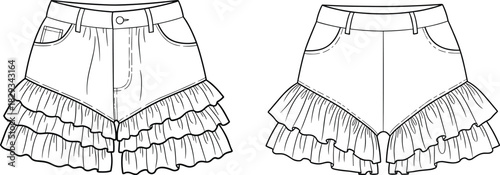 Layered ruffle hem shorts illustration, front and back fashion template, detailed garment sketch for apparel design, stylish clothing artwork