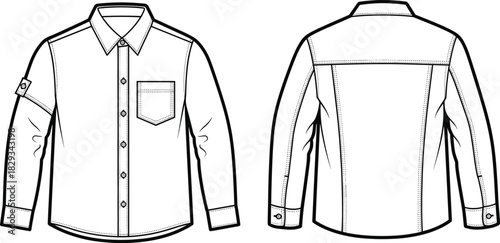 Long sleeve button shirt technical fashion flat, front and back view with pocket and roll tab sleeve design
