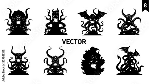 Vector Illustration Set: Cthulhu-Inspired Monsters and Creatures in Silhouette Design